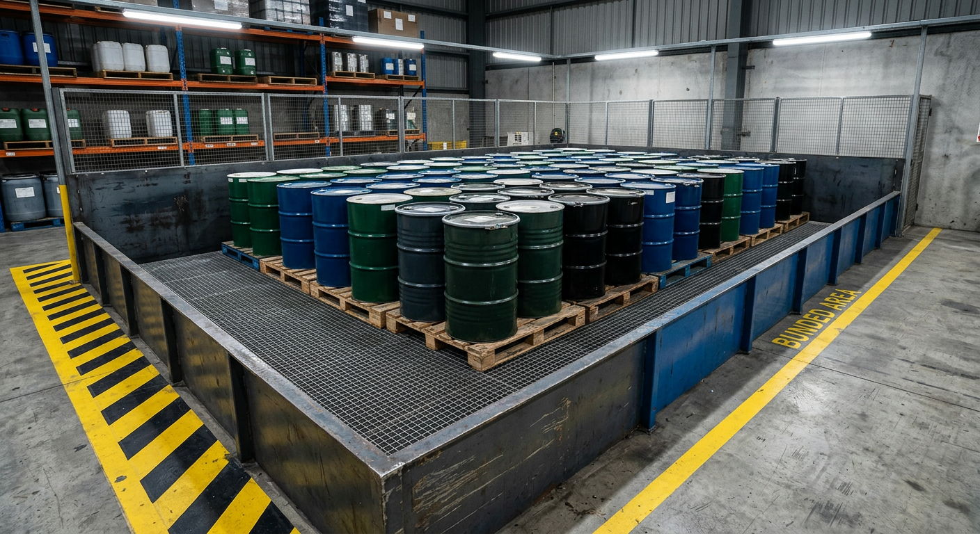 Bunded dangerous goods storage bay with sealed drums on pallets