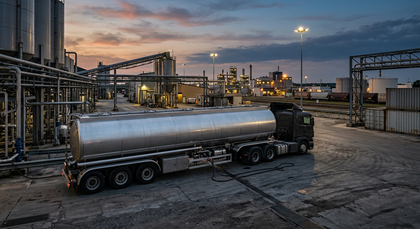 Bulk tanker truck and trailer in an industrial loading yard